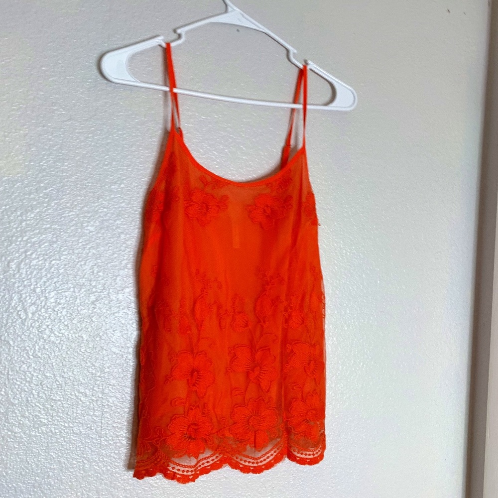 LLove Womens Sz S Orange Tank Top Shirt Embroidered Sheer Lined Floral spaghetti